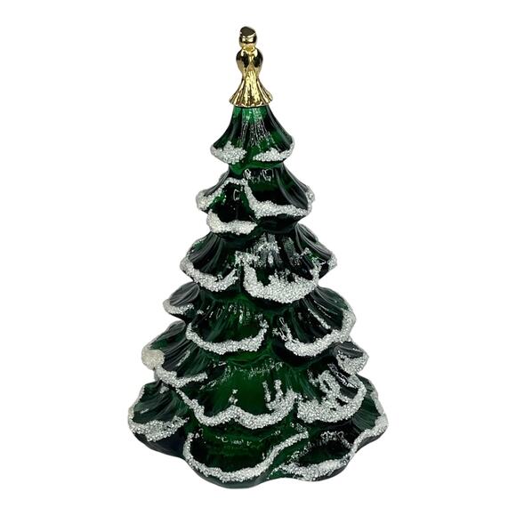 Fenton Glass CHRISTMAS TREE FIGURINE 6.5" LG Green Snow Frosted Gold Angel - Picture 4 of 8